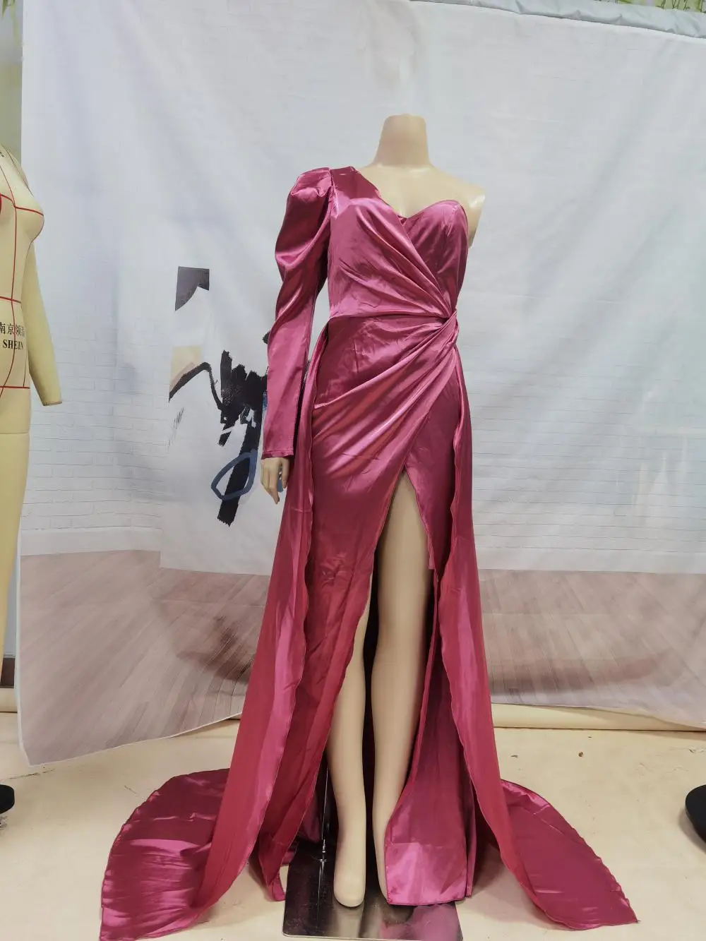 Evening Dress One Shoulder Puffy Long Sleeve Side Slit Formal Satin 1 Piece Party Dress Woven 