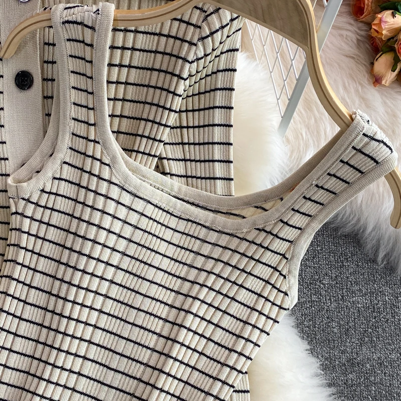 Women Autumn Winter Design Stripe Knitted Set Turndown-collar Top+sexy ...