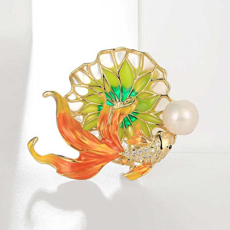 XILIANGFEIZI Clearance Sale Custom Fine Jewelry Orange Enamel Zircon Fish  Lotus Leaf Pearl Koi Fish Brooches