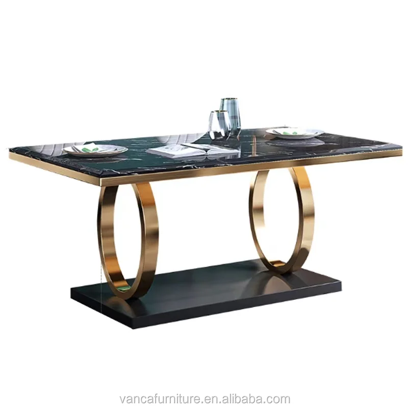 高級黒大理石レストラン家具ダイニングセットゴールドシルバー脚8人