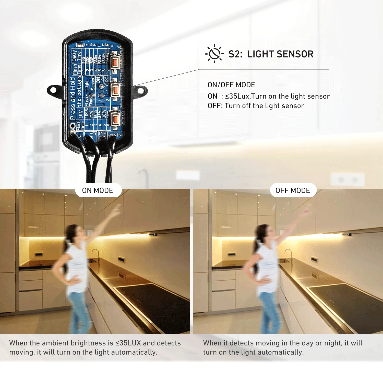 Black Timer Switch Sensor 12V DC PIR Motion Sensor for Stairs Steps Light