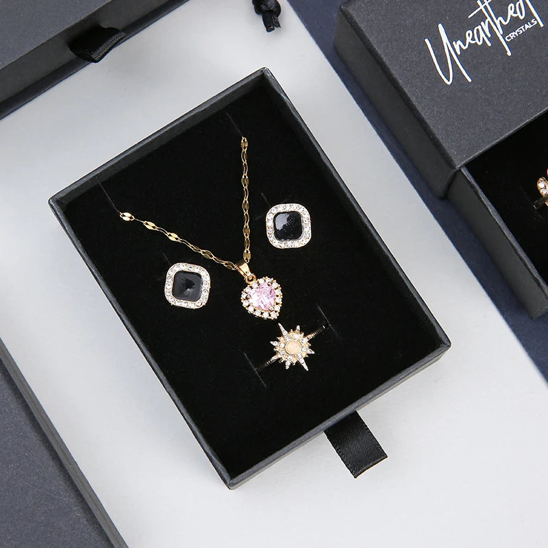 A1 Black Rectangle Customizable Recyclable Cardboard Embossed Popular Jewelry Storage Box Sliding Drawer Rings Pendants Earrings factory