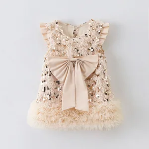 Sequin Vest Dress Western Style New Bow Girls Princess Children's Dress Printed Polyester Gauze Skirt
