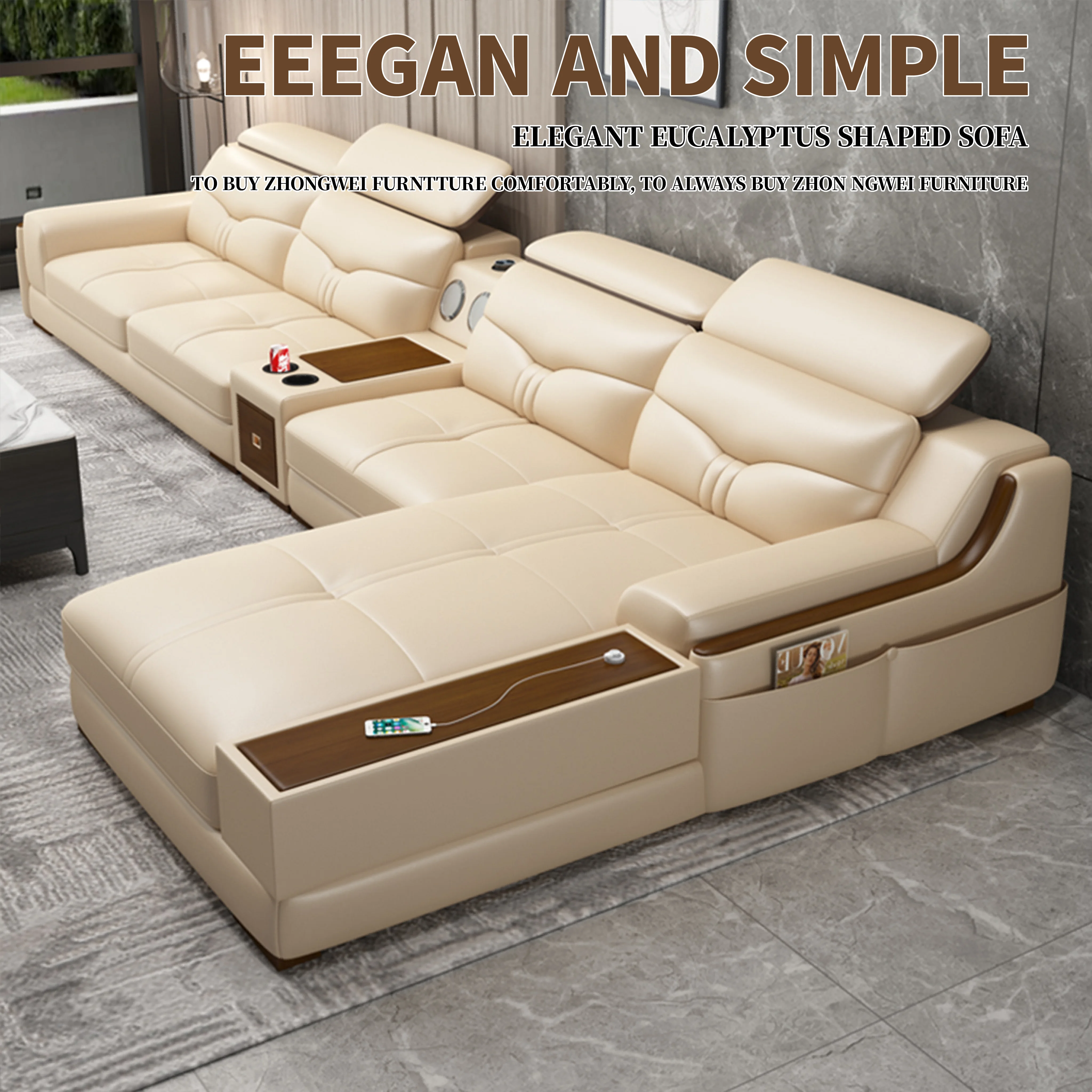 Modern Luxury Living Room Sectional L-shaped Leather Sofa Set with USB ...