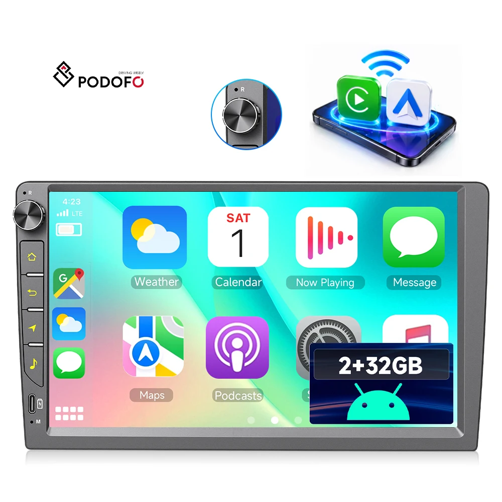Podofo Android Car Radio 9'' 2+32GB Autoradio Wireless CarPlay/Android Auto/ DSP/FM/RDS/WiFi Car Stereo OEM ODM Wholesale A4786