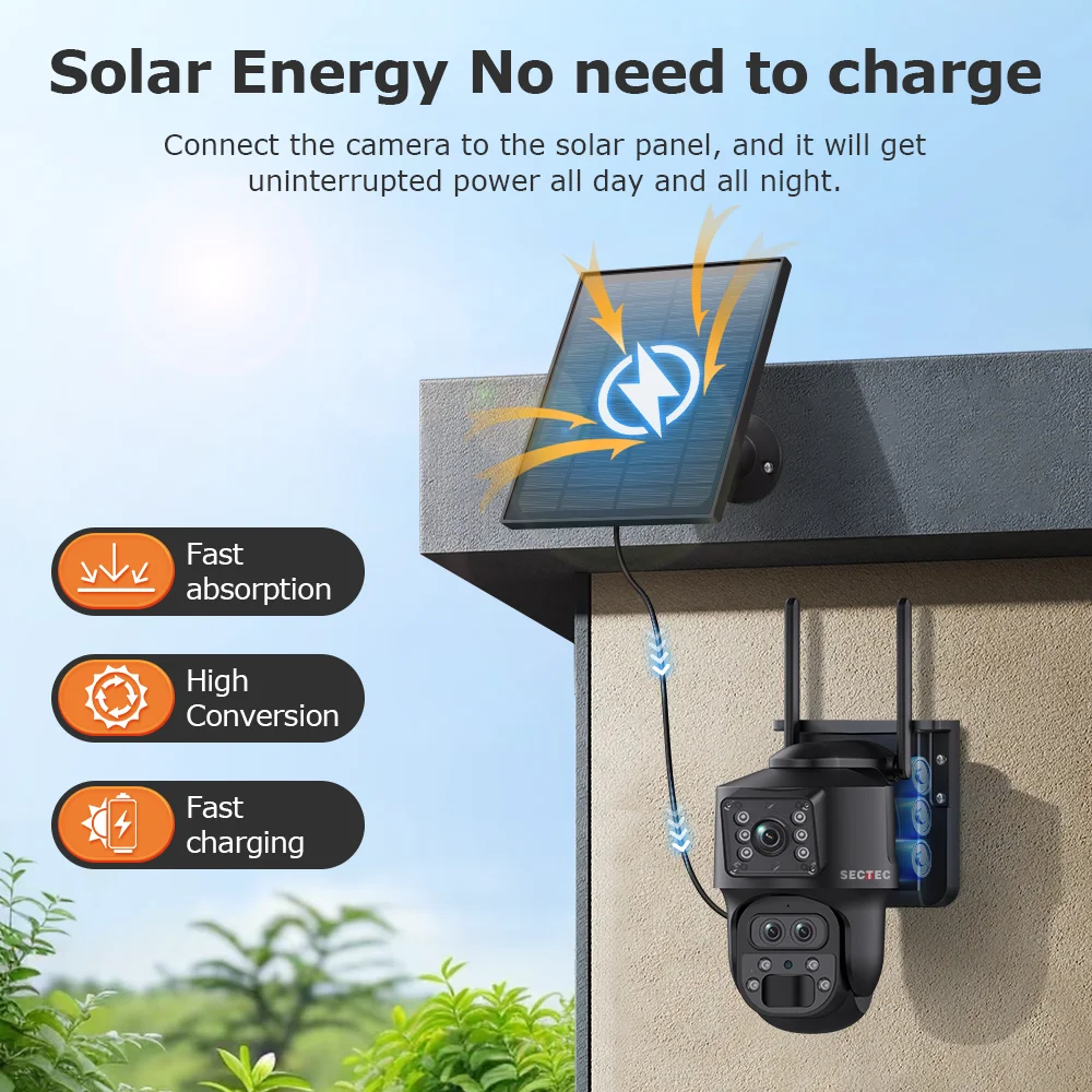 SECTEC 6MP Solar Battery Powered Network Camera 3 Lens 2 Screens with 12X Zoom 4G UBOX APP Outdoor CCTV PTZ 4G Solar Camera