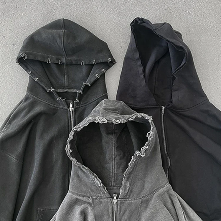 Oversized Hooded Sweatshirt with Distressed Detailing - Gray main image 1
