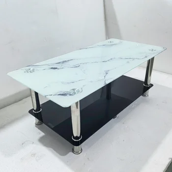 Traditional & Minimalist Marble Pattern Tempered Glass Coffee Table Metal Brass Frame for Living Room Home Office Dining Hotel