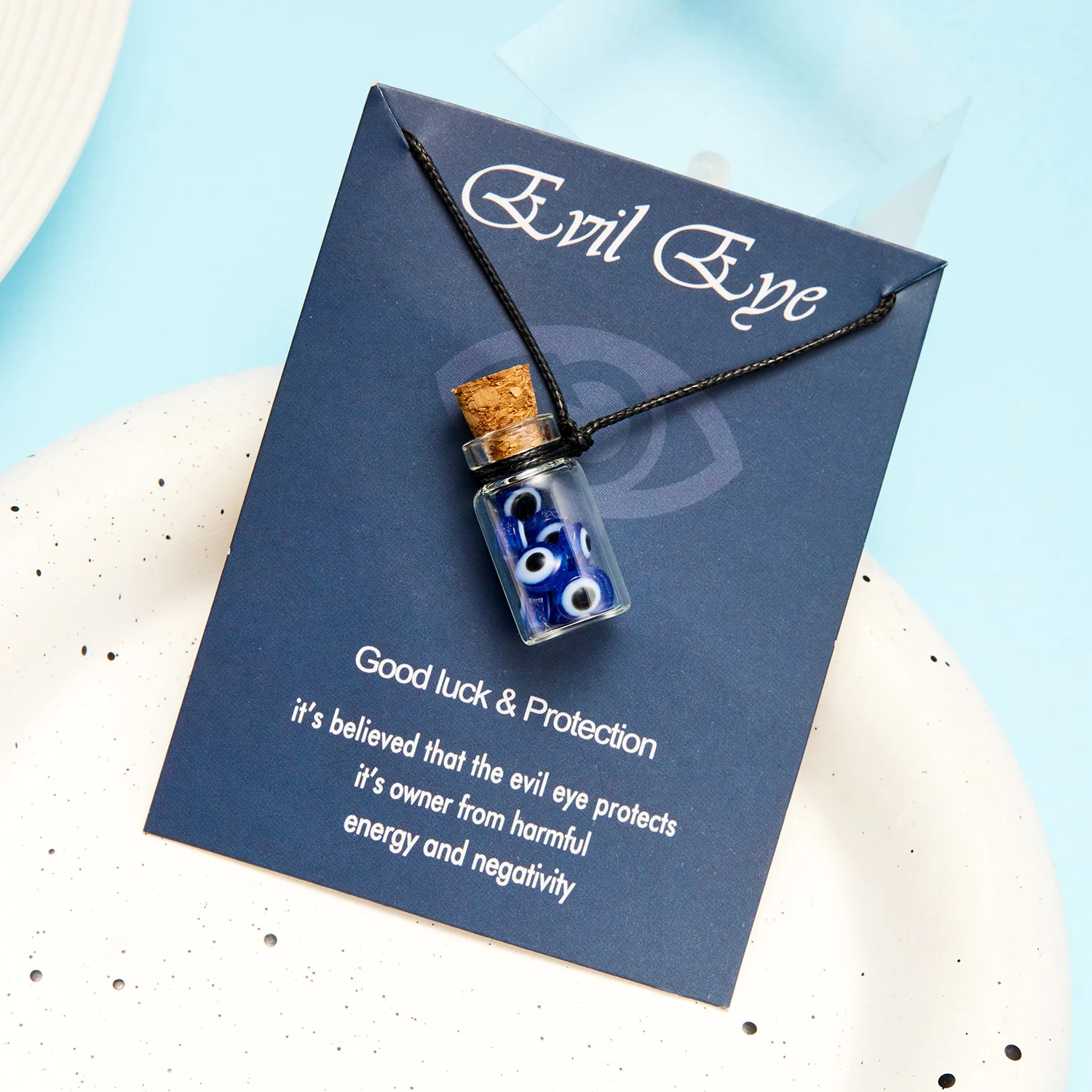 Rinhoo Lucky Sign Evil Eye Necklaces Glass Bottle Blue Eye Beads Pendant Wax Rope Handmade Card Necklace Women Men Jewelry Gift