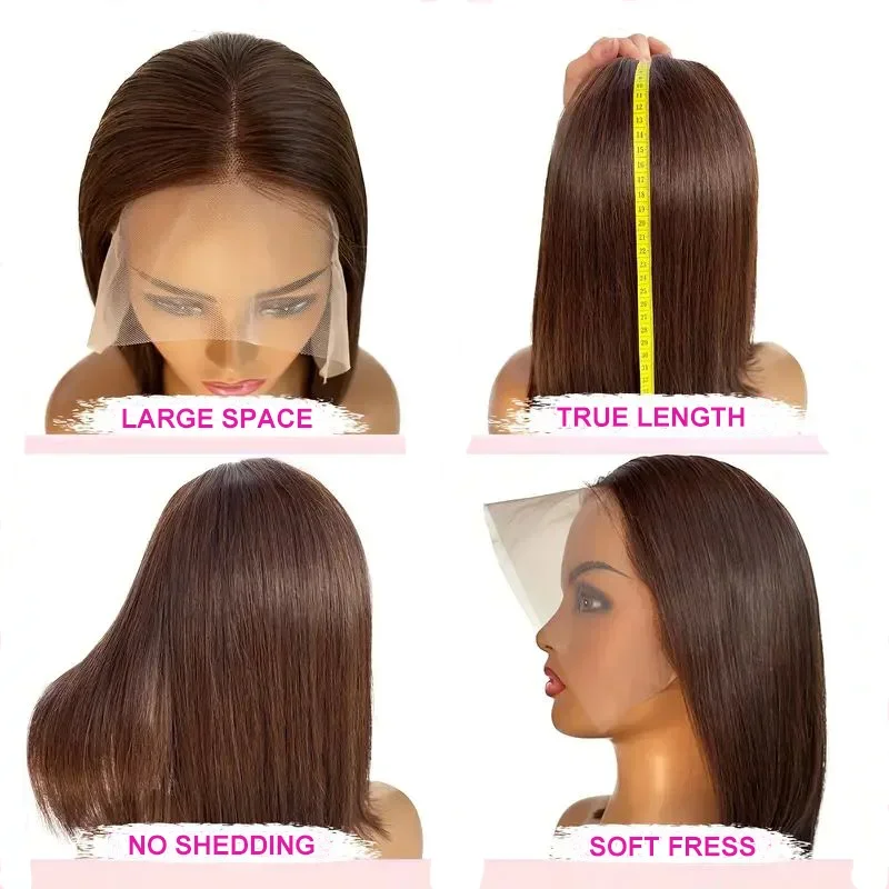 13x4 Lace Front Perücke Bob Echthaar Braun Glatt 180% Volldichte HD Lace Frontal Perücken_voghion.com