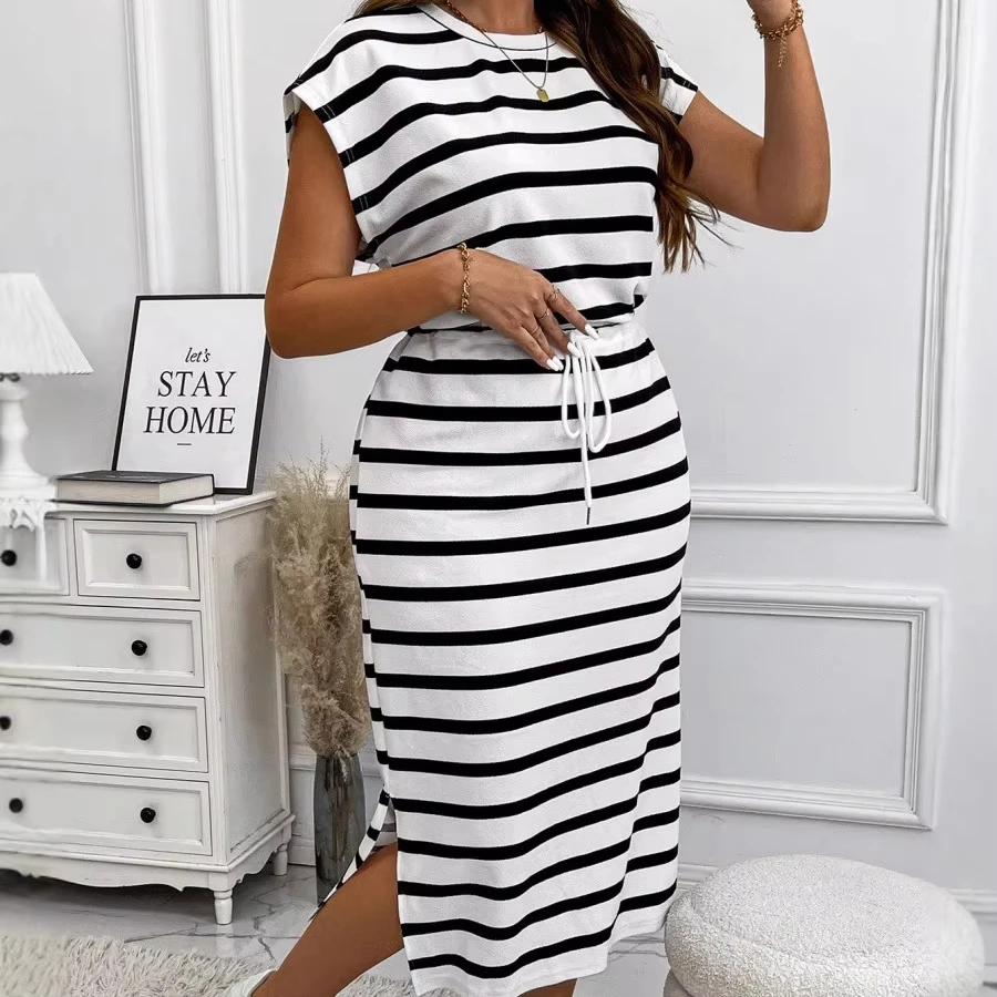 2025 European and American Summer Round Neck Stripe Printed Short Sleeved Large Size Dress