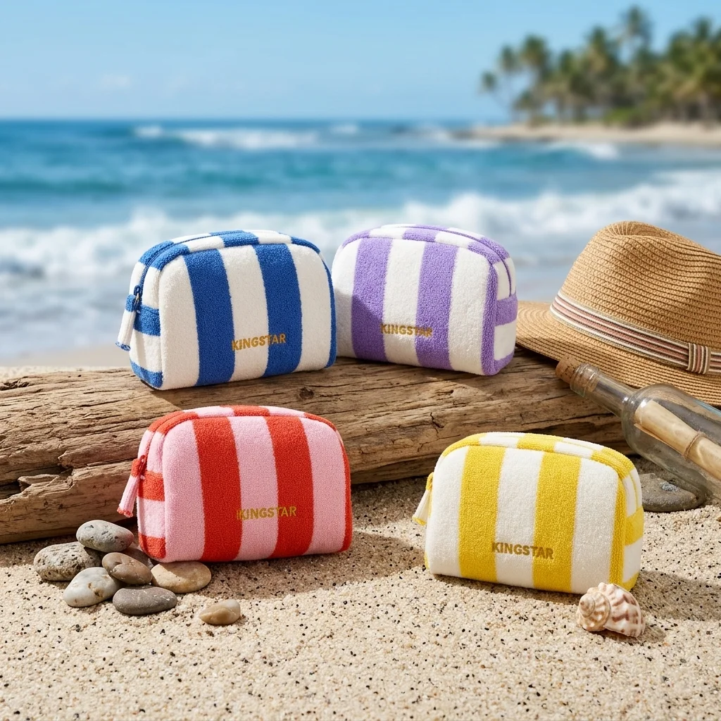 Mainit na Personalisadong logo na Terry Towel na Striped Toiletry Pouch na Mini Sukat para sa Biyahe, Portable, Panlalaki at Pambabae na Fashion Beach Towel at Makeup Pouch