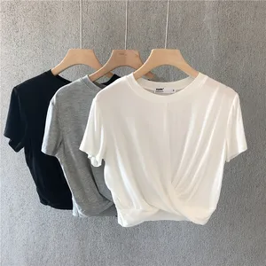 Wholesale 2026 Summer New Fashion Knotted Short Loose Sports Leisure T-shirt Was Thin Solid Color T-shirt