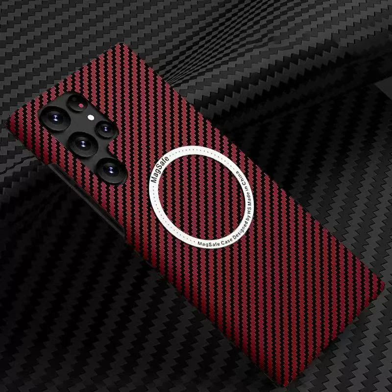 Wireless Charging PC Material Carbon Fiber Texture Shockproof Strong Magnetic Mobile Phone Case for S21/S22/S23 Ultra