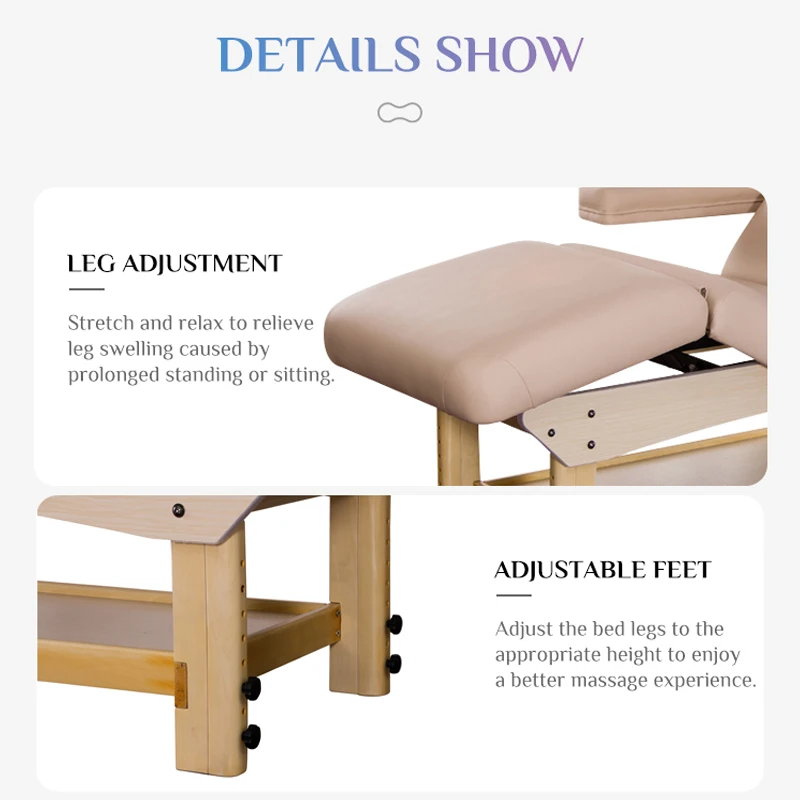 Chinese Style Wooden Massage Table with Large Storage Curved Lash Bed Height Adjustable Spa Bed for Salon Made of Solid Wood