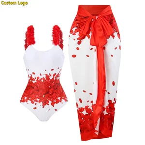 Custom Wholesale Women Elegant Swimwear Vendors Printed One Piece Swimsuit and Cover up Matching Suit Boho Printed Bathing Suit