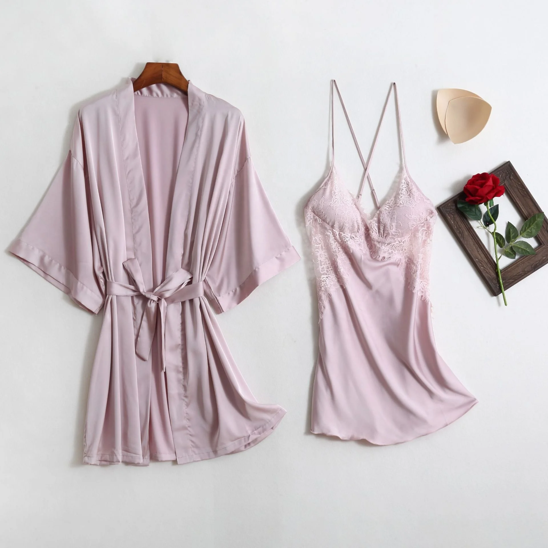 Two Pieces Womens Sexy Nightwear Ice Silk Lace Sweetheartwedding Gown Robe  Set Satin Nightdress for Honeymoon