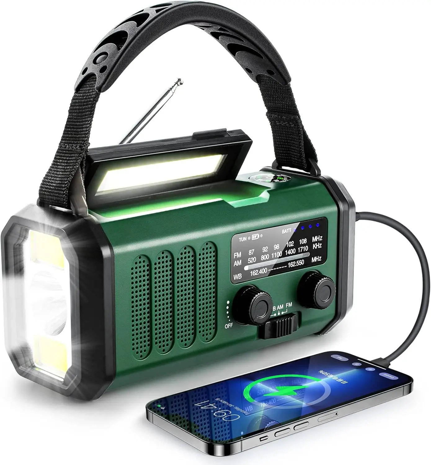 10000mAh Portable Solar Power Bank and LED Flashlight Polymer Battery Hand Crank AM/FM/NOAA Weather Bands Radio