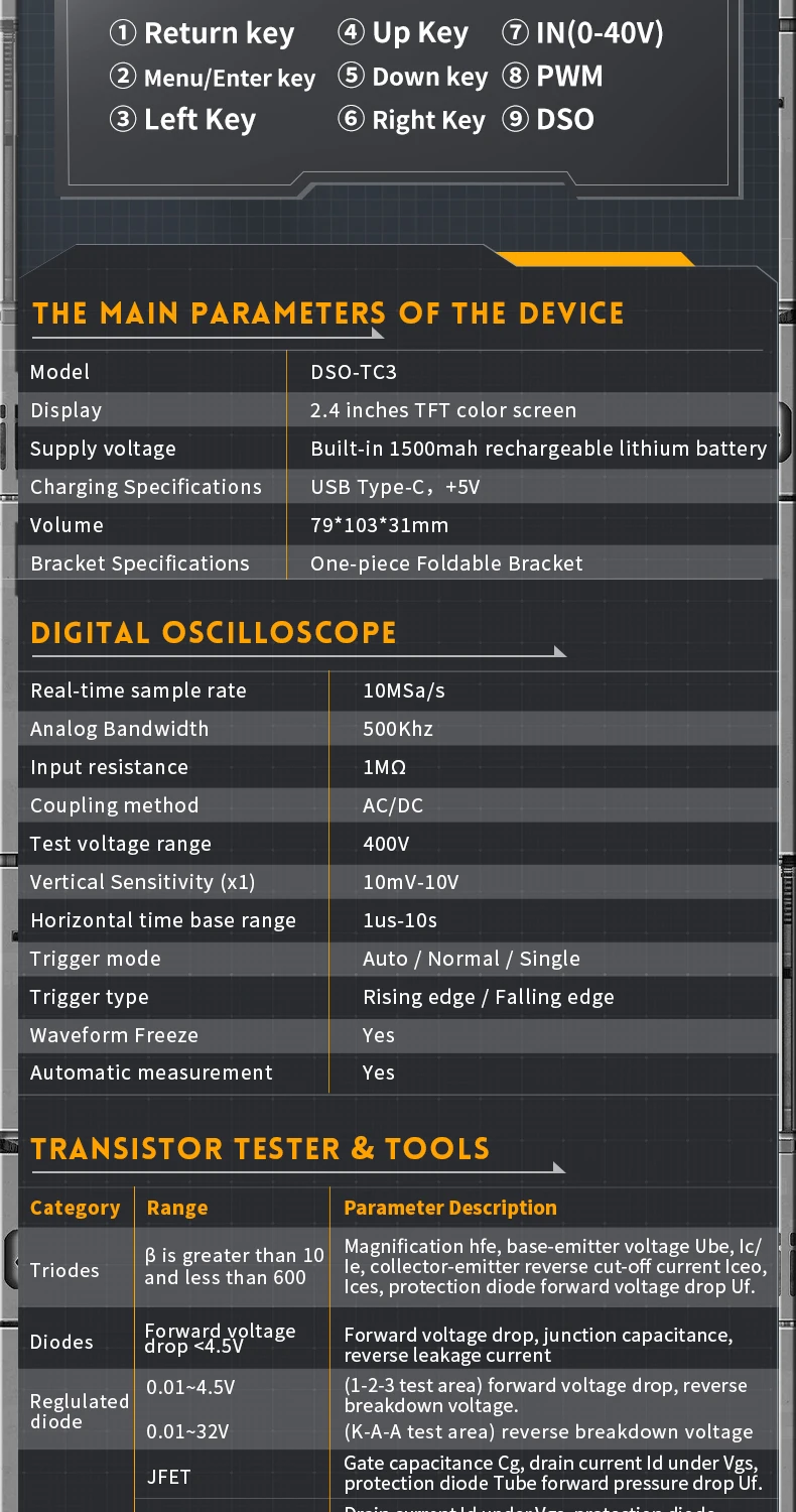 DSO-TC3 Oscilloscope 3 in 1 Transistor Tester Multi-function Multimeter Diode Portable Digital Oscilloscope
