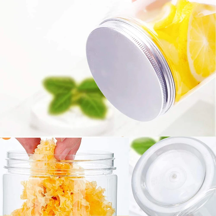 Reusable Clear Plastic Round Jars Wide Mouth Food Containers with Silver Metal Lids for DIY Cookies and Kitchen Supplies Storage