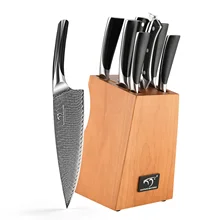 9 Pieces Kitchen Tool Damascus Knife Set Steel Knives Choice for Kitchen Restaurant with Wooden Block