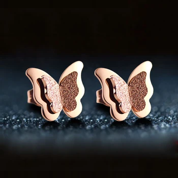 Rose Gold Plated Stainless Steel Ear Jewelry for Women Teen Girls Dainty Double Frost Butterfly Wings Earrings Studs