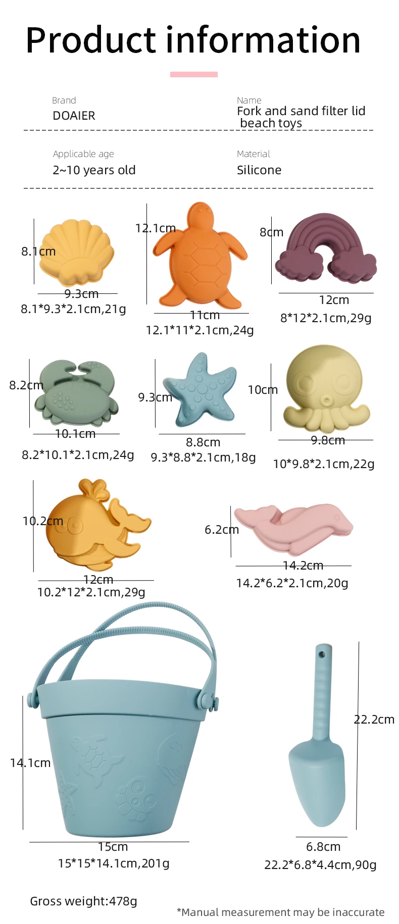 10 Pcs 1 Set Summer Sand Bucket Beach Baby Toys Eco Friendly Soft Silicone Game Play for Kids BPA Free Silicone Beach Toy Set