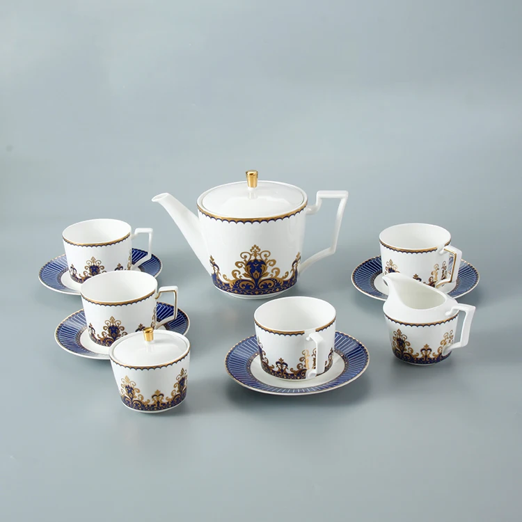 15 Pieces Western Porcelain Coffee Teacup and Saucer Plate Set Elegant Blue  White Bone China Tea Cup and Saucer Sets Wholesale