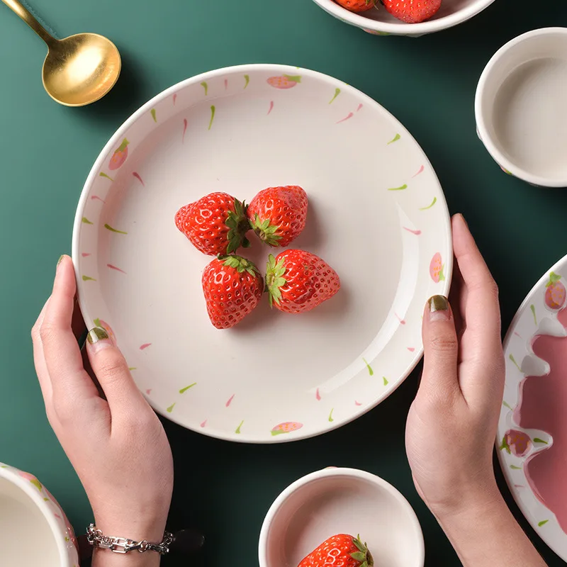 Ceramic Embossed Design Ice Cream Bowl Pink Strawberry Stereo Four Piece Set Wholesale Breakfast Bowl Plate