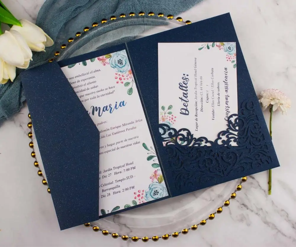 Luxurious Pocket Dark Navy Blue Wedding Invitation Card Laser Cut Trifold  Invitations Greeting Gift Cards for Party Birthday, image size:1000x833