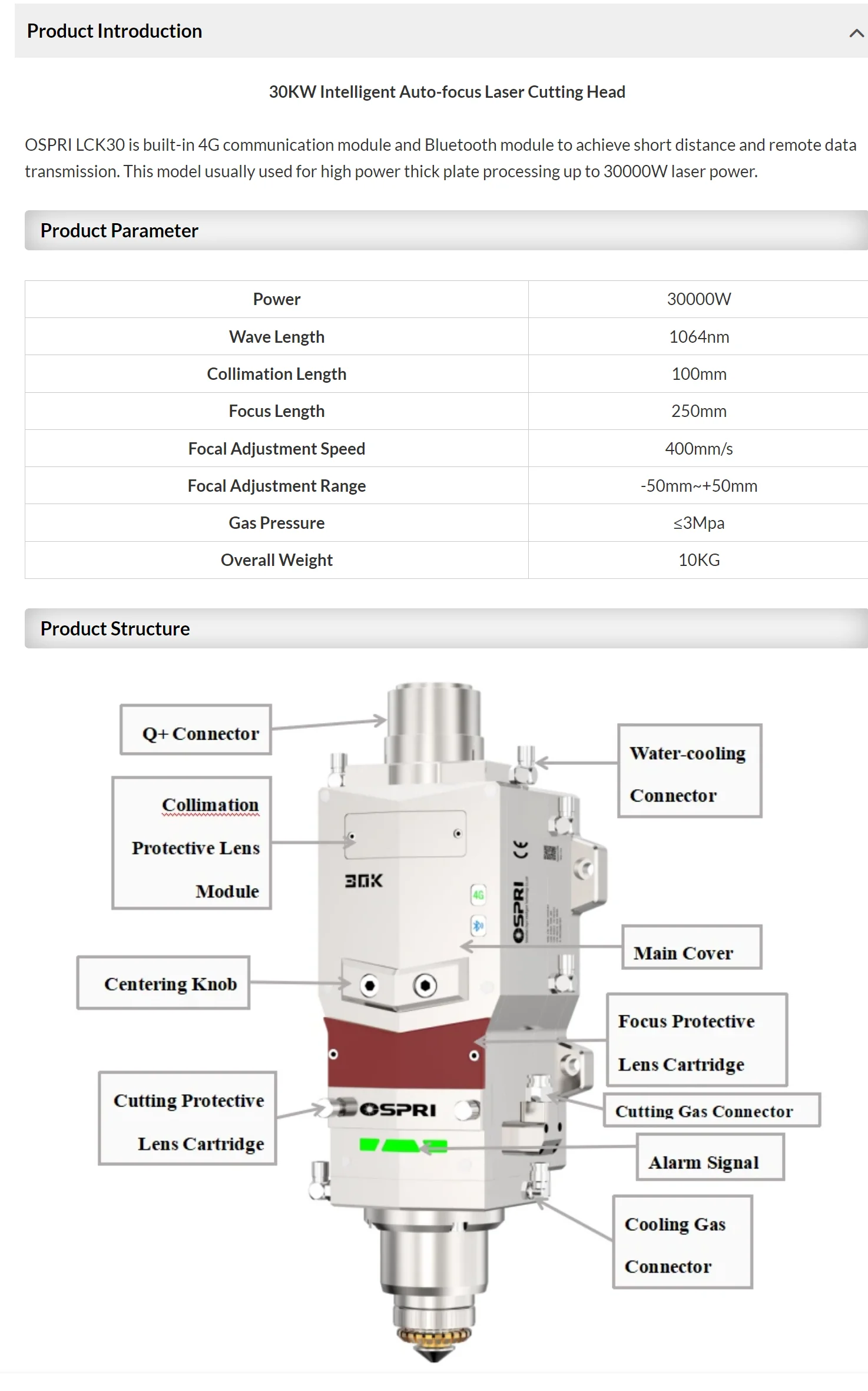 OSPRI High-accuracy 30KW Intelligent Auto-focus Laser Cutting Head LCK30