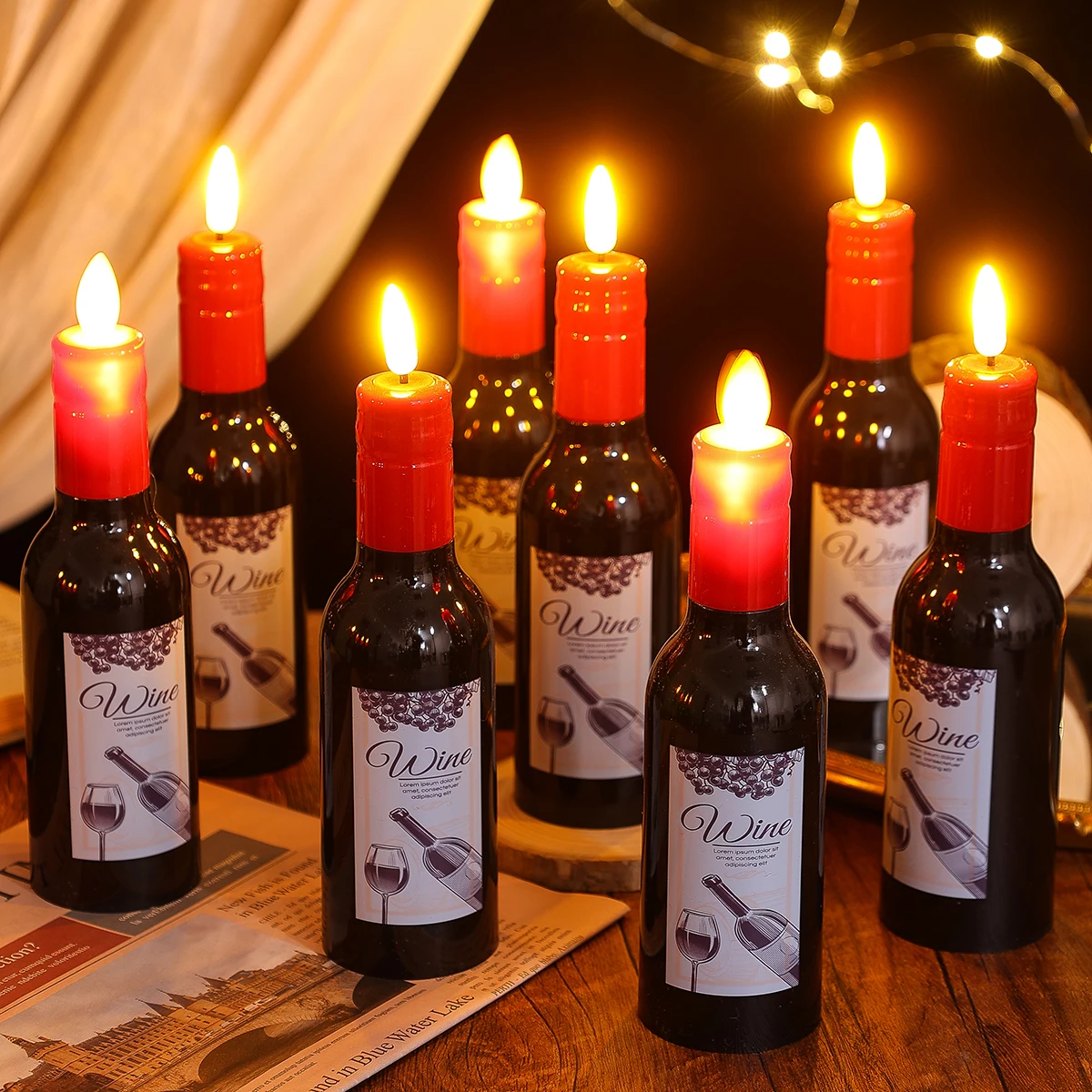 Red Wine Bottle Candles Retro Style Flameless LED Candles Customizable Lamp Heads Christmas Decorative Lights Home Decor