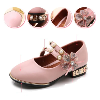 Оптовая продажа, новейшие стильные модные кожаные детские туфли принцессы на ремешке, обувь на высоком каблуке для девочек