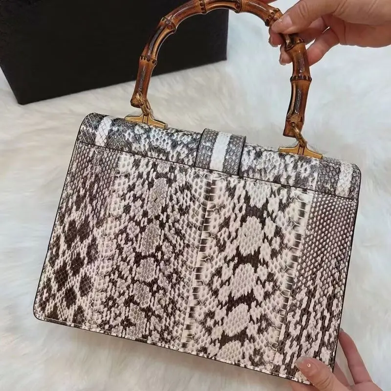 Custom Made Luxury Snake Leather Lady Handbags Bamboo Handle Bags
