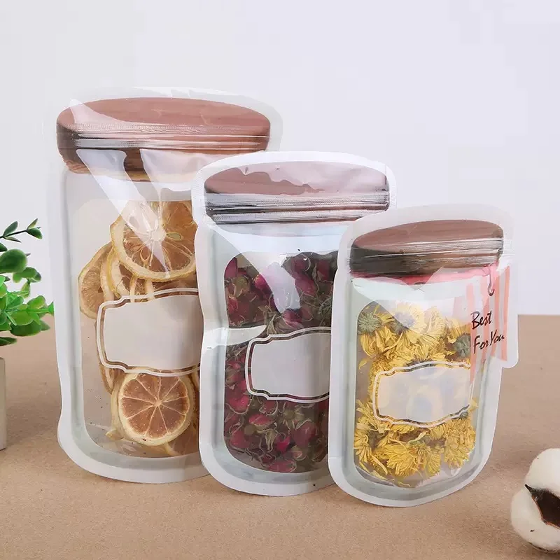 Reusable Mason Jar Ziplock Bags Portable Bottle Shape Smell Proof Stand up Zipper Bag Plastic Ziplock Pouch With Matte Window