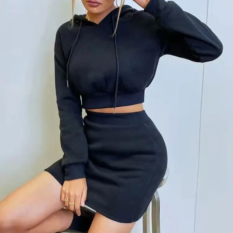 2022 Spring Drop Shoulder Drawstring Crop Hoodie Mini Skirt Women Two Piece Outfits Skirt Set