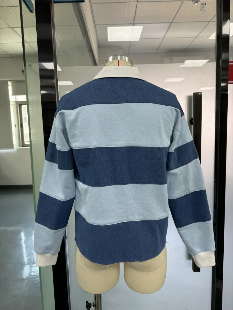 Salati Clothing Manufacturers Custom Plus Size Men's T-shirt Stripe Wash Rugby Polo T Shirt Long Sleeve Denim Shirt for Men gallery 3