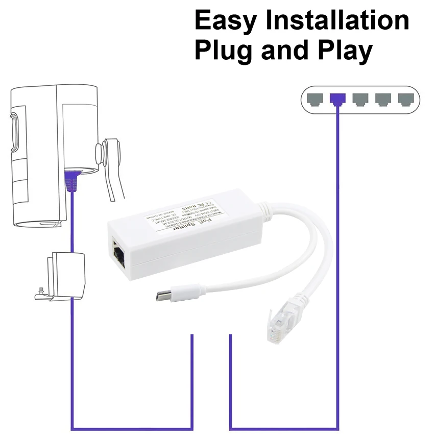 Gigabit PoE Splitter Input 48V Output USB C 5V 2.4A with IEEE 802.3af/at Standard 10,100 Mbps for PoE IP Cameras