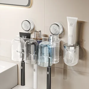 Punch-Free Toothbrush Storage Rack  Plastic Bathroom Wall-Mounted Rack with Suction Cup Punch-Free Design