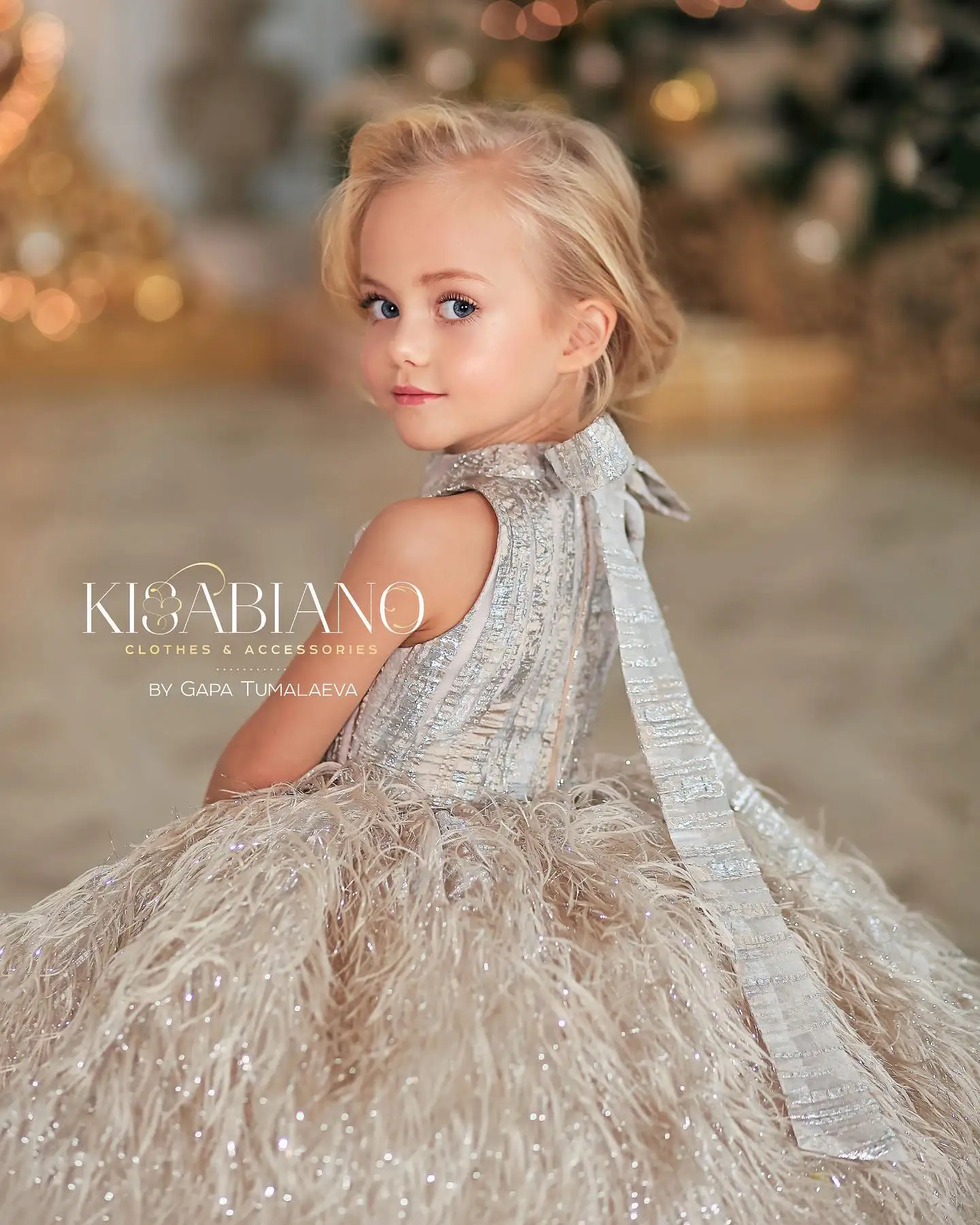 Silver Champagne Jacquard Feather Wedding Flower Girl Dress