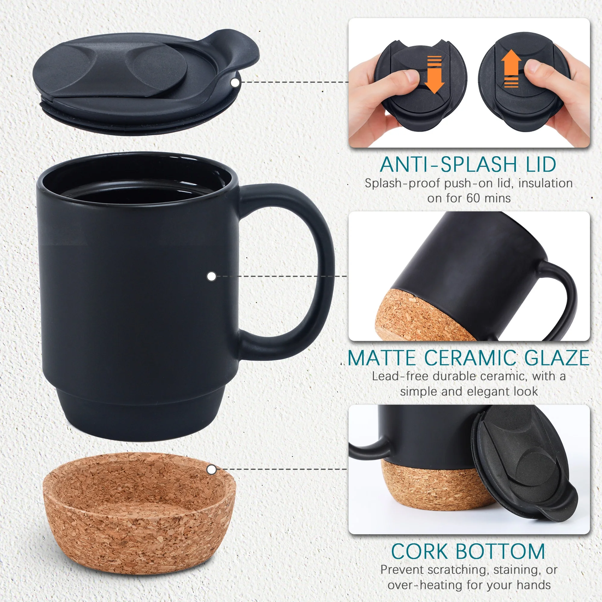 12oz Matte Black Travel Mug With Cork Bottom And Lid Custom Ceramic