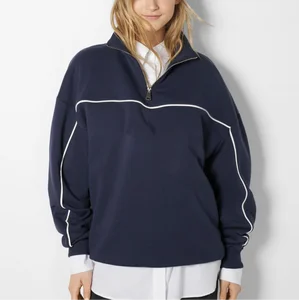 OEM High Quality Embroidered Plain Navy Solid Color Winter Autumn Pullover Women Casual Wear Quarter Zip up Oversized Sweatshirt