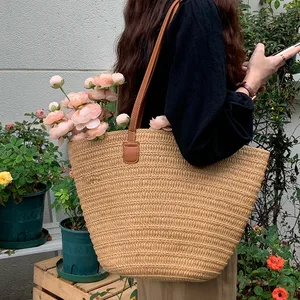 Factory large size machine knitted paper straw women's beachfront beach bag zipper handbag shoulder bag