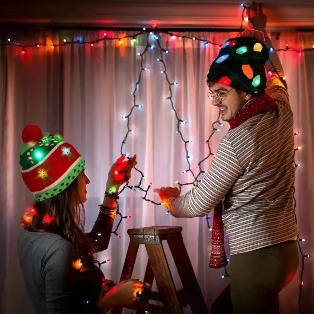 New Style Led Christmas Hat Light-Up Sweater Knitted Santa Claus Christmas Gift Kids Adult Xmas Christmas Hats with Led Lights