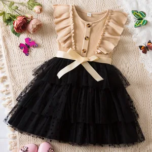 Girl's Short-Sleeved Mesh Princess Skirt O-Neck Children's Summer Clothing Sweet Style Wholesale Kids' Dress Elegant Cake Design