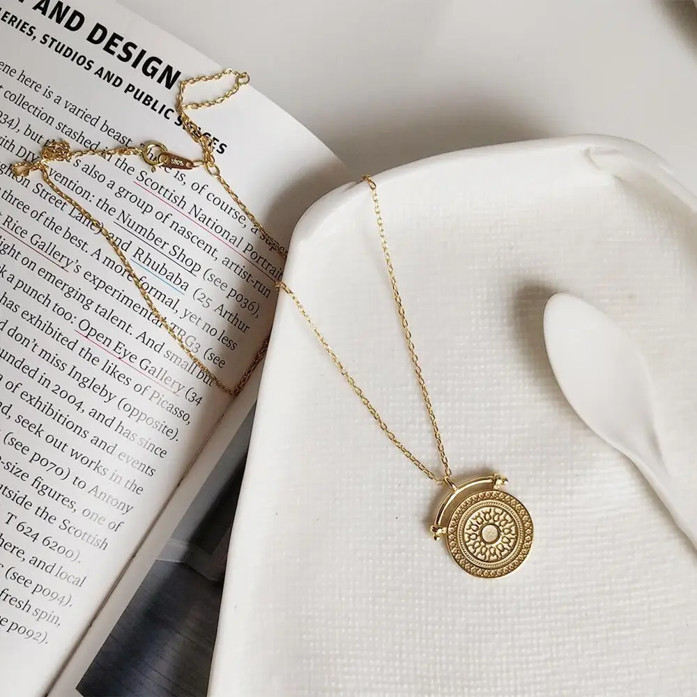 Wholesale 18k Gold Vermeil Jewelry 925 Sterling Silver Fine Vintage Boho  Pattern Round Disc Coin Pendant Necklaces for Women