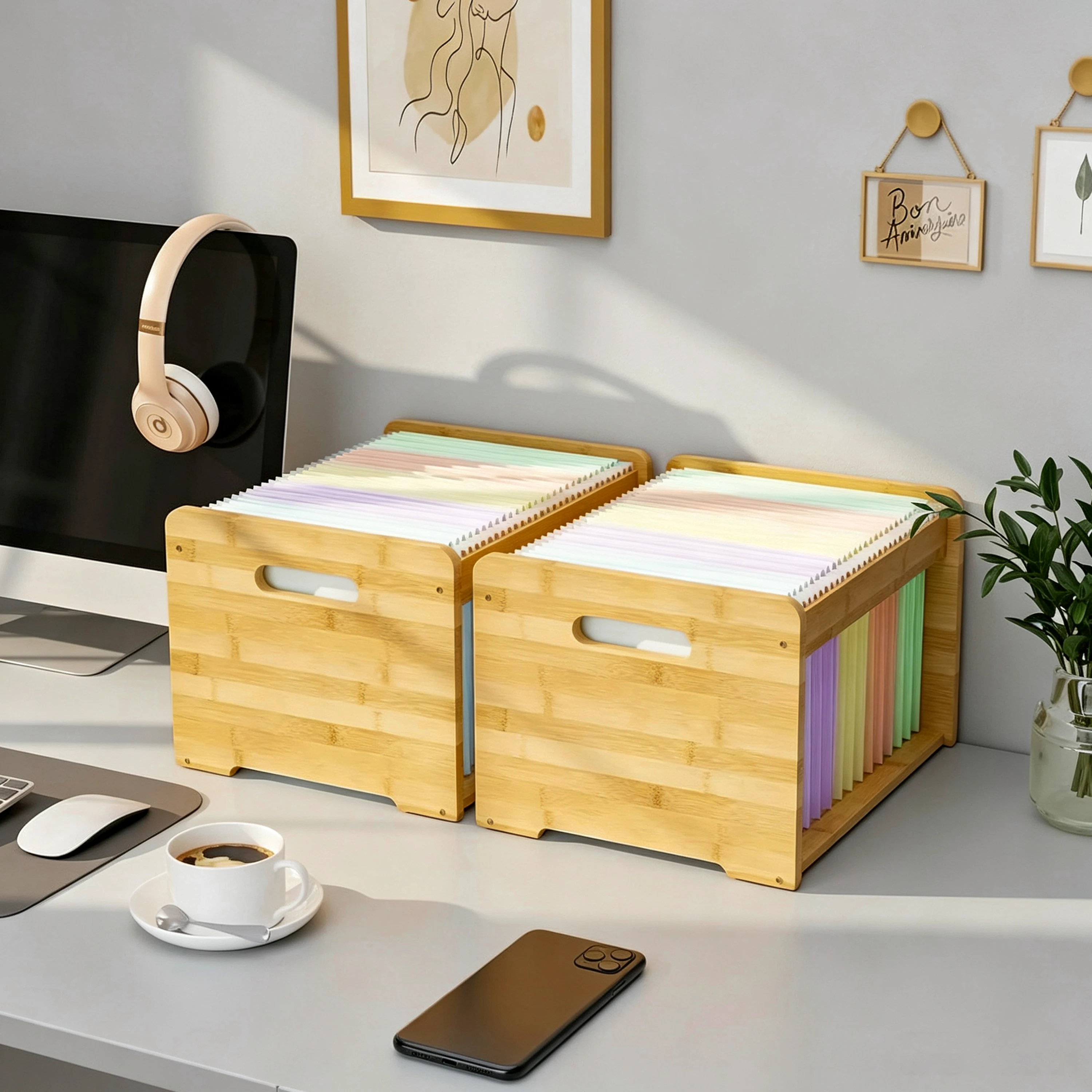 Natural Bamboo Hanging File Folder Box Organizer with Handle Letter Size Portable Desktop File Storage for Home Office Desk