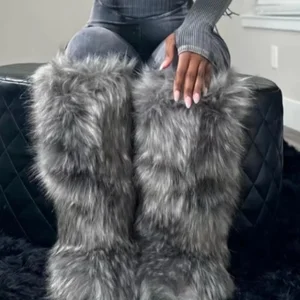 Viviblook Z1219BT Women Winter Thigh High Fluffy Boots Furry Faux Fox Fur Long Warm Shoes New Designer Plush Knee High Fur Boots