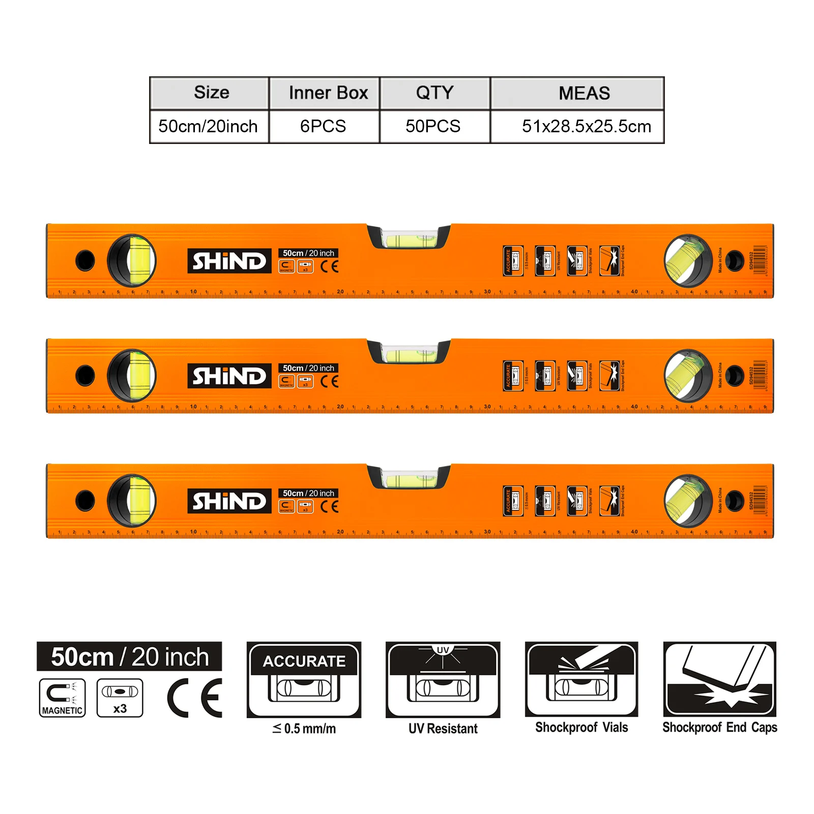 SHIND 94532 建設工具 水平器 50cm/20インチ CE認証付き 測定器 磁気