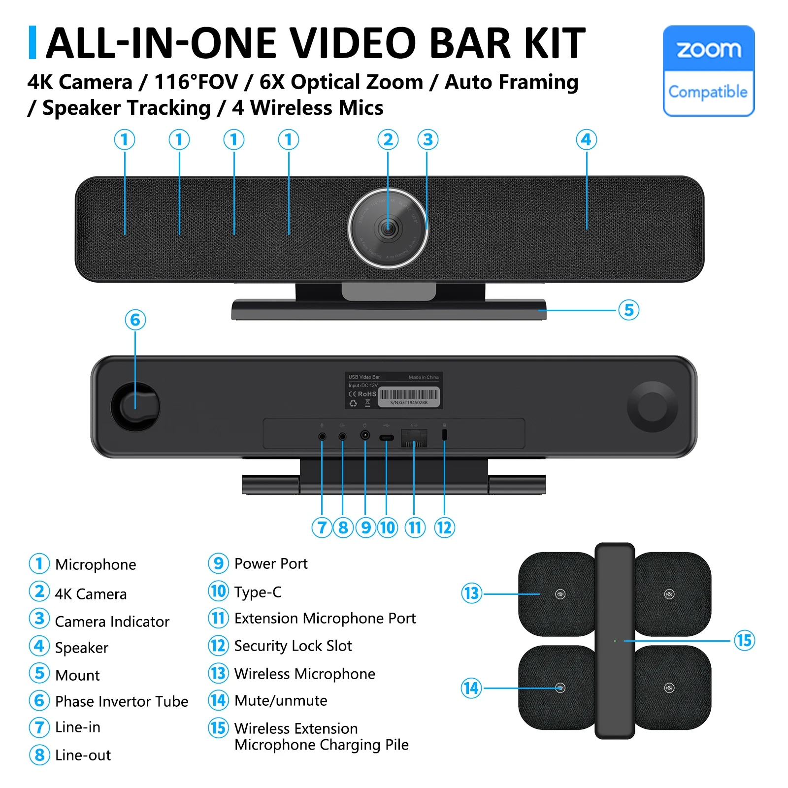 Video Conference Room System All in One Speakerphone Digital Conference System Mic Speaker 360 Pickup Video Conference Hands-fre